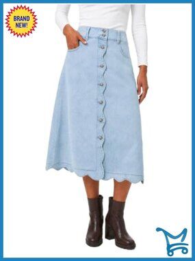 High Waisted A-Line Midi Jean Skirt Button Down Scalloped Hem Cotton Blend